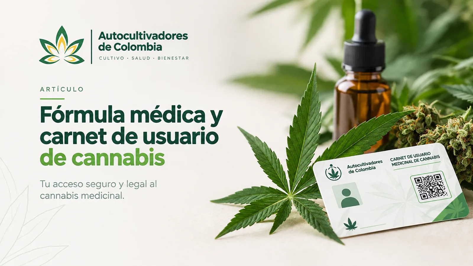 Fórmula médica y carnet de usuario medicinal de cannabis de Autocultivadores de Colombia, junto a una hoja de cannabis y un frasco gotero